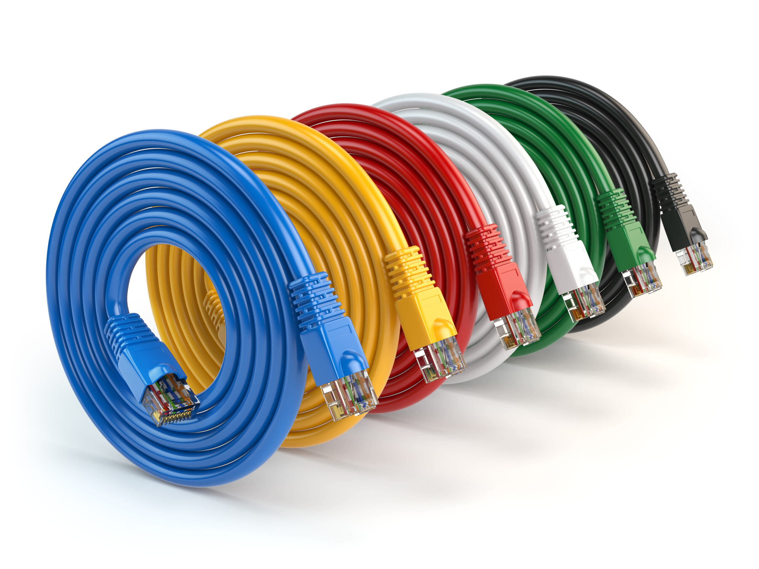 Set of colorful of LAN network connection ethernet cables. Internet cords RJ45 isolated on white background. 3d illustration